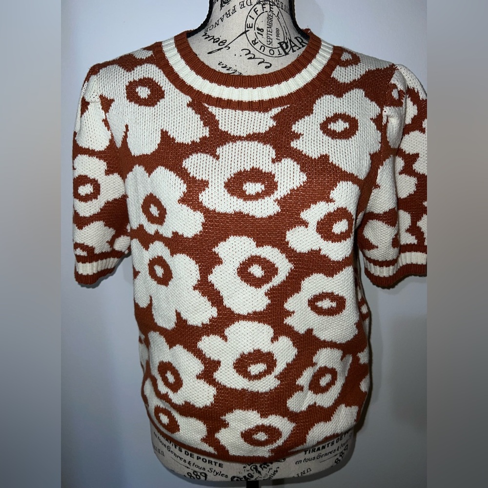 Entro Floral Knit Sweater Top Size M Brown Cream Retro Puff Sleeve - Picture 2 of 8